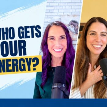 Two women smiling near microphones, with text "WHO GETS YOUR ENERGY?