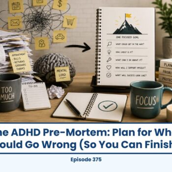 ADHD pre-mortem planning: notebook with goal, brain, to-do list, and "focus" mug.
