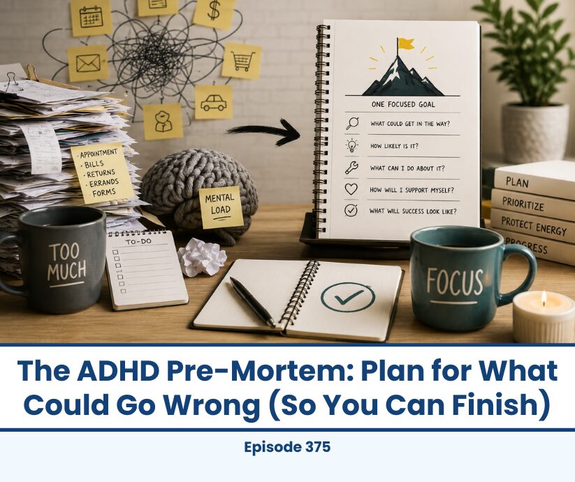 ADHD pre-mortem planning: notebook with goal, brain, to-do list, and "focus" mug.