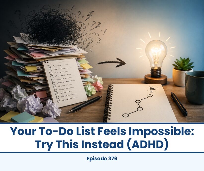ADHD to-do list chaos transforms into a clear path and lightbulb idea.